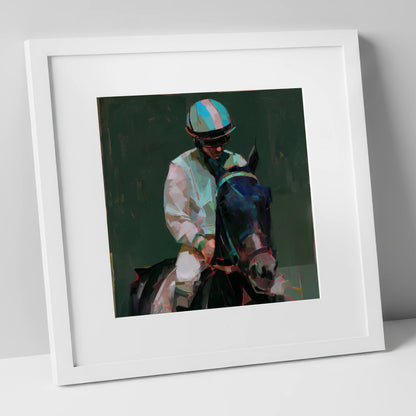 Pre-Race Focus racing horse art print in white frame
