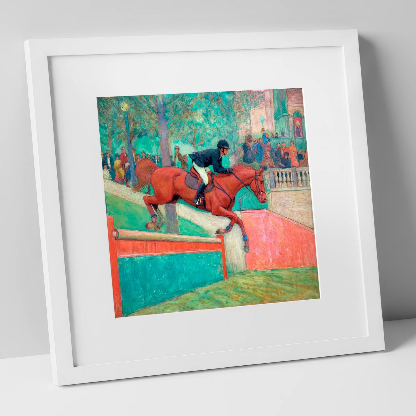 The Emerald Leap show jumping horse art print in white frame