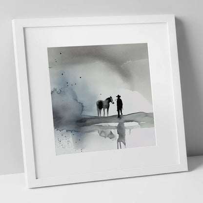 Silent Western Horizon western horse art print in white frame