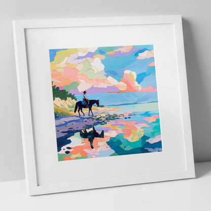 Technicolour Tide beach horse art print in white frame
