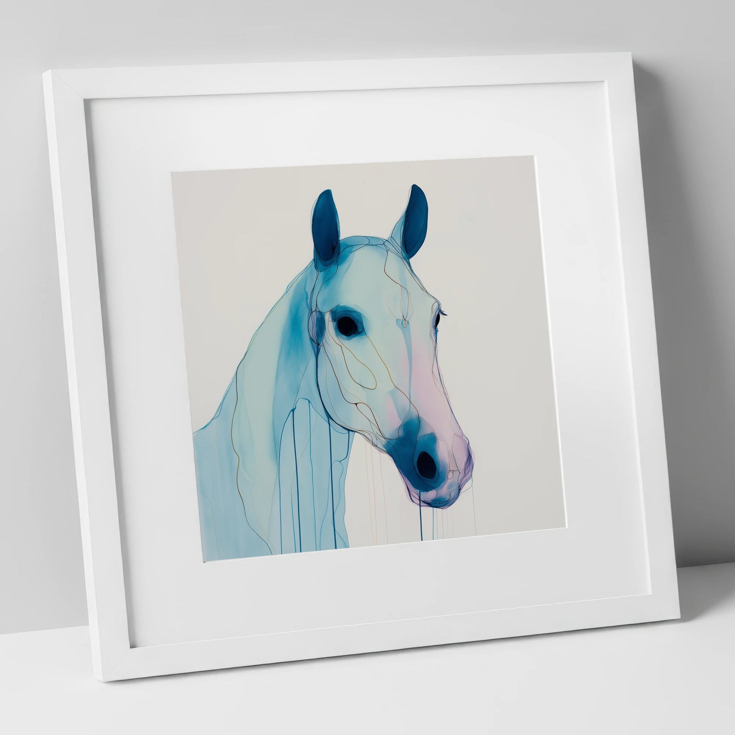 Ethereal Azure Equine horse portrait art print in white frame