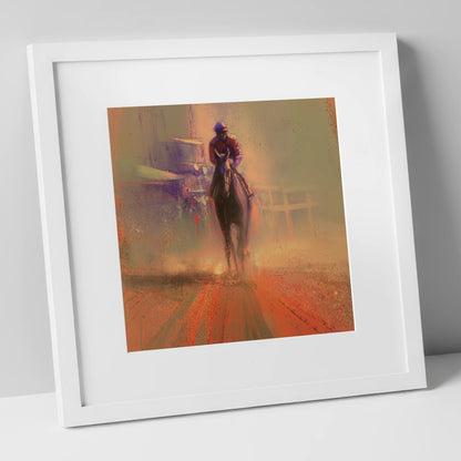 Emerging From The Dust racing horse art print in white frame