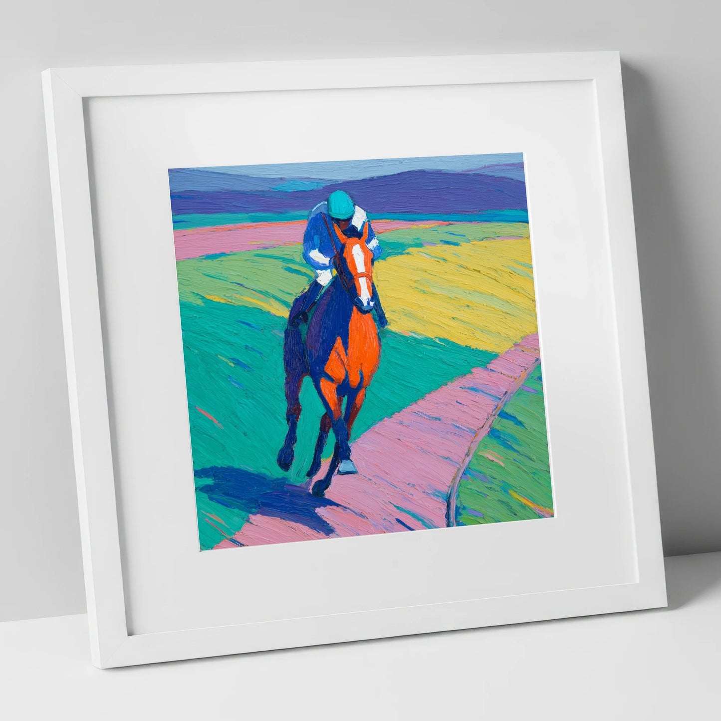 The Vivid Gallop racing horse art print in white frame