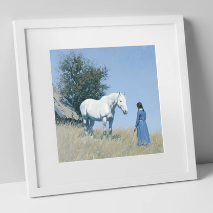 Quiet Companionship horse & rider art print in white frame
