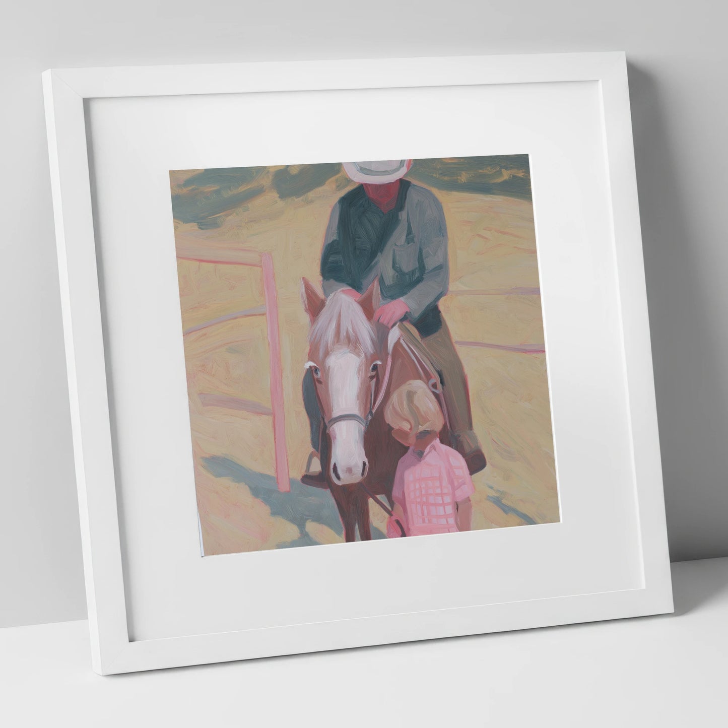 The Gentle Lesson horse & rider art print in white frame