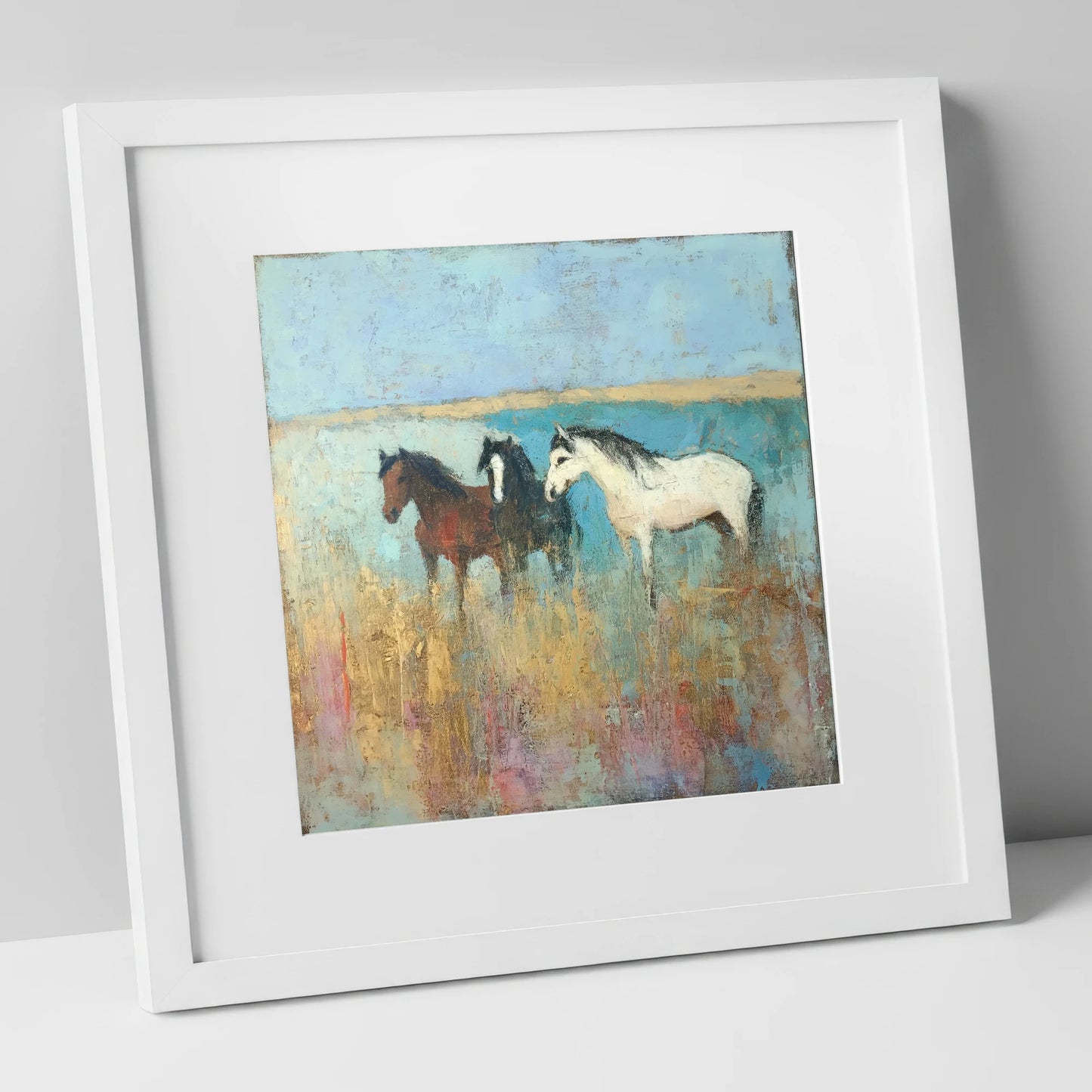 Coastal Companions wild horses art print in white frame