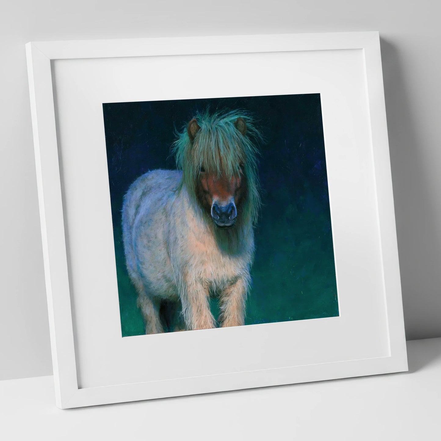 Shetland Pony in Moonlight horse breed art print in white frame