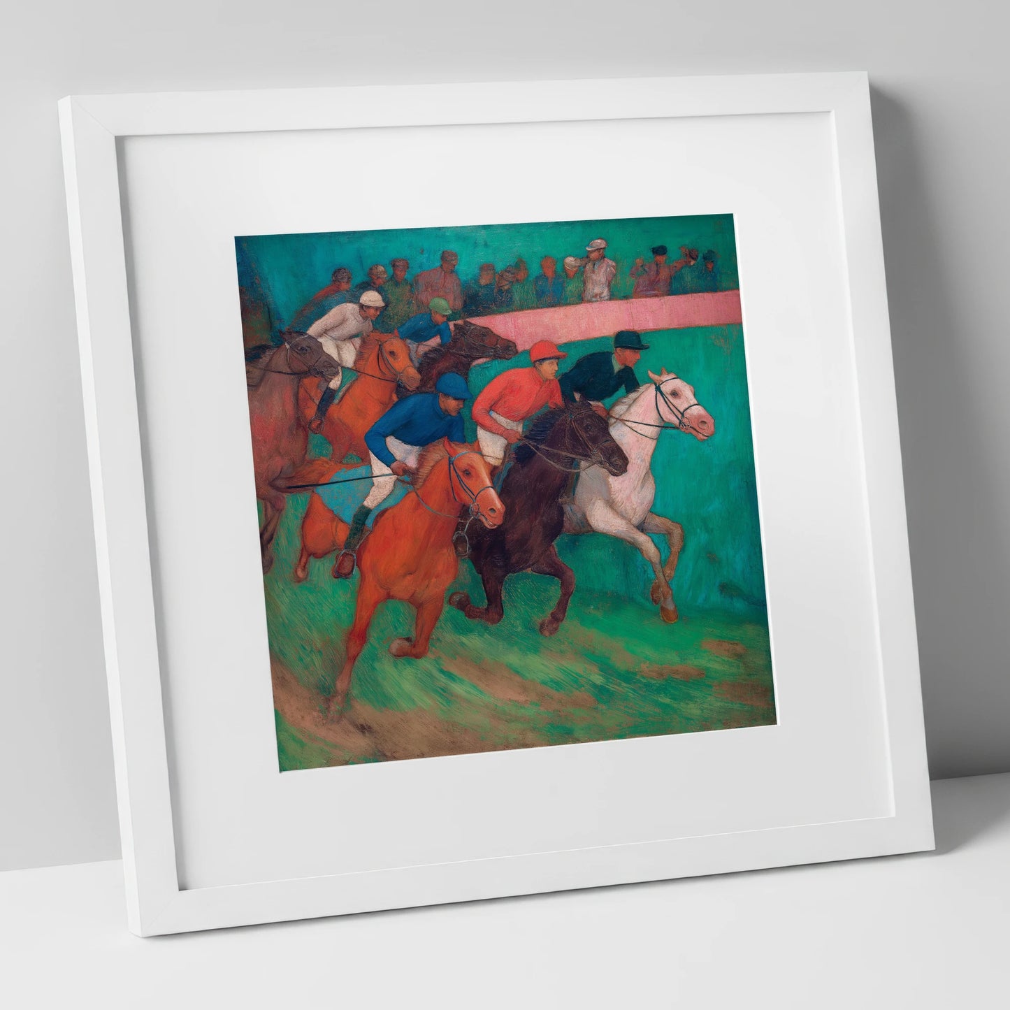 The Vibrant Furlong racing horse art print in white frame