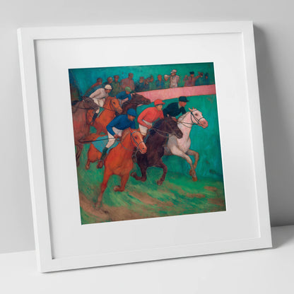 The Vibrant Furlong racing horse art print in white frame