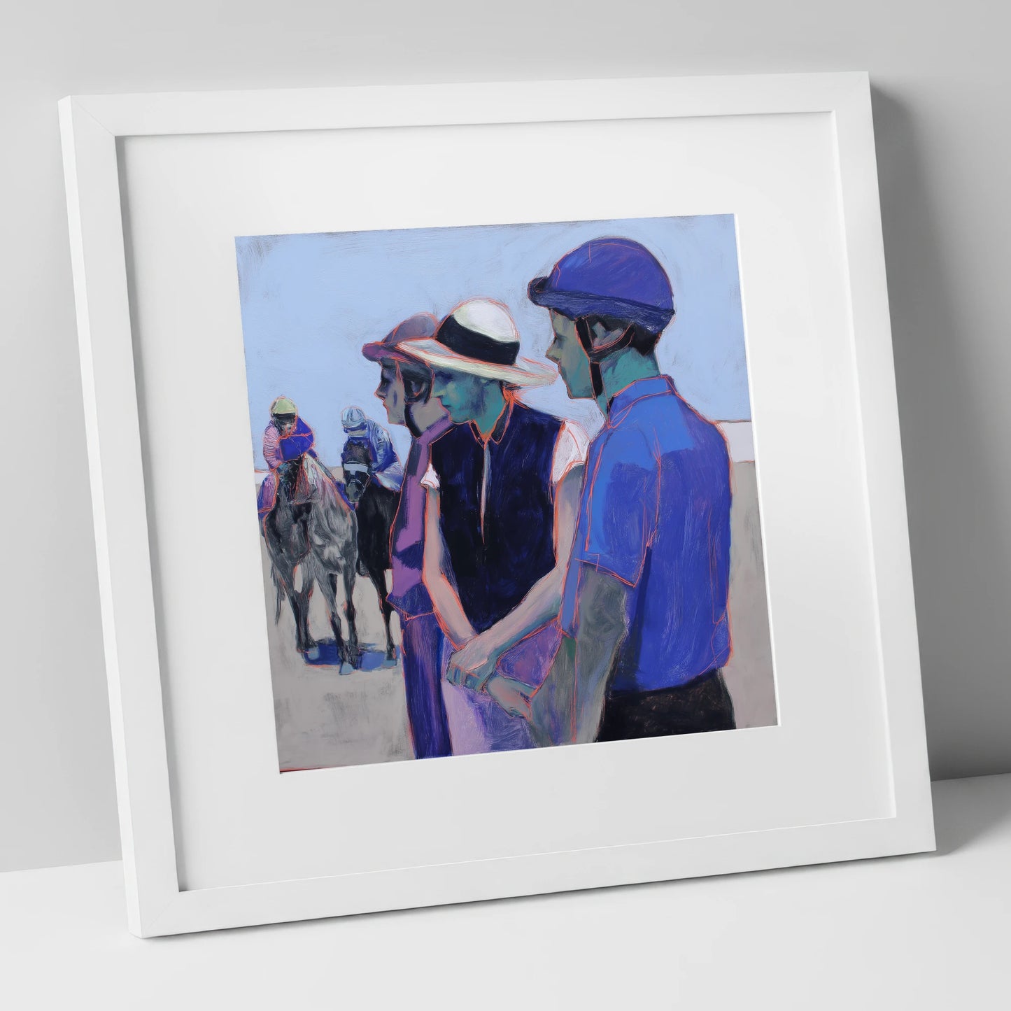 The Paddock Watch racing horse art print in white frame