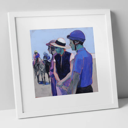 The Paddock Watch racing horse art print in white frame