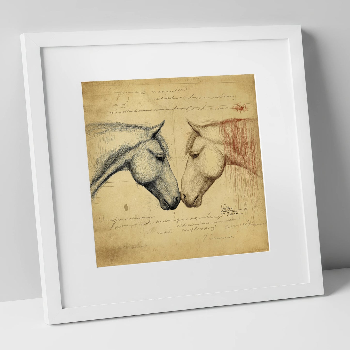 Vintage Equine Encounter horse portrait art print in white frame