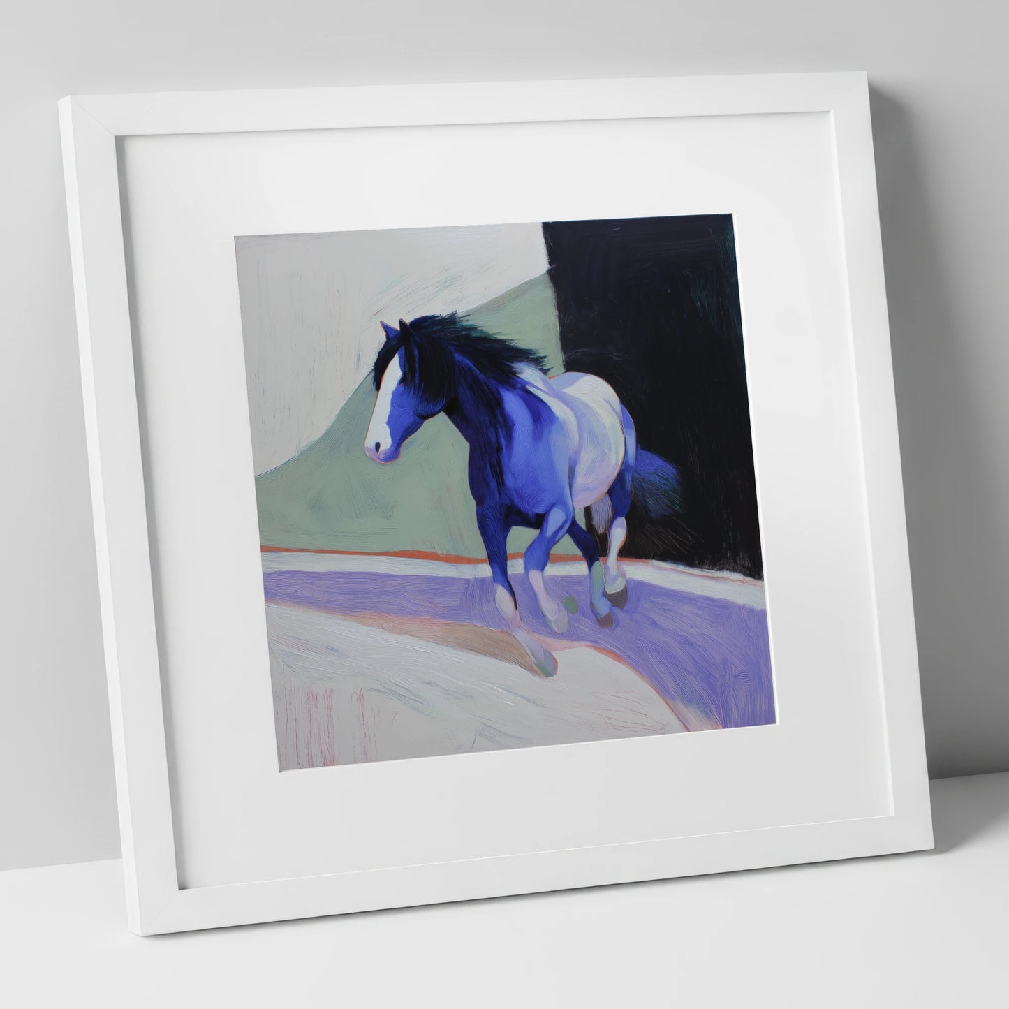 The Cobalt Stride horse portrait art print in white frame