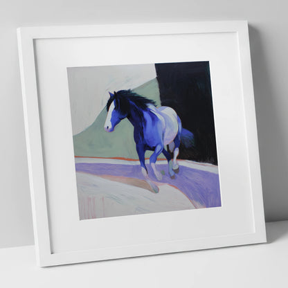 The Cobalt Stride horse portrait art print in white frame