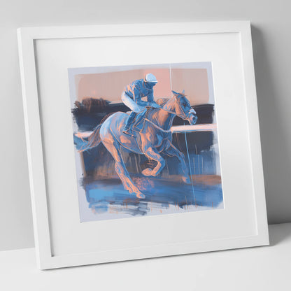 Cobalt Stride racing horse art print in white frame