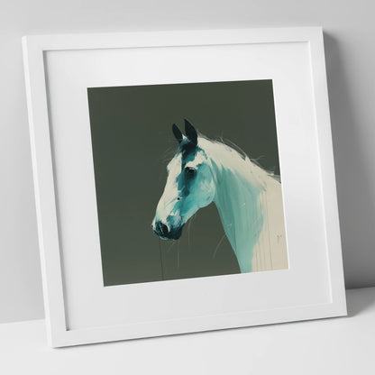 Contemporary Teal Profile horse portrait art print in white frame