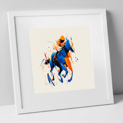 Velocity in Cobalt racing horse art print in white frame