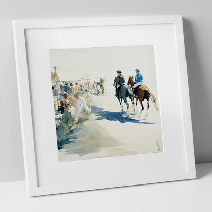 Leaving the Paddock racing horse art print in white frame