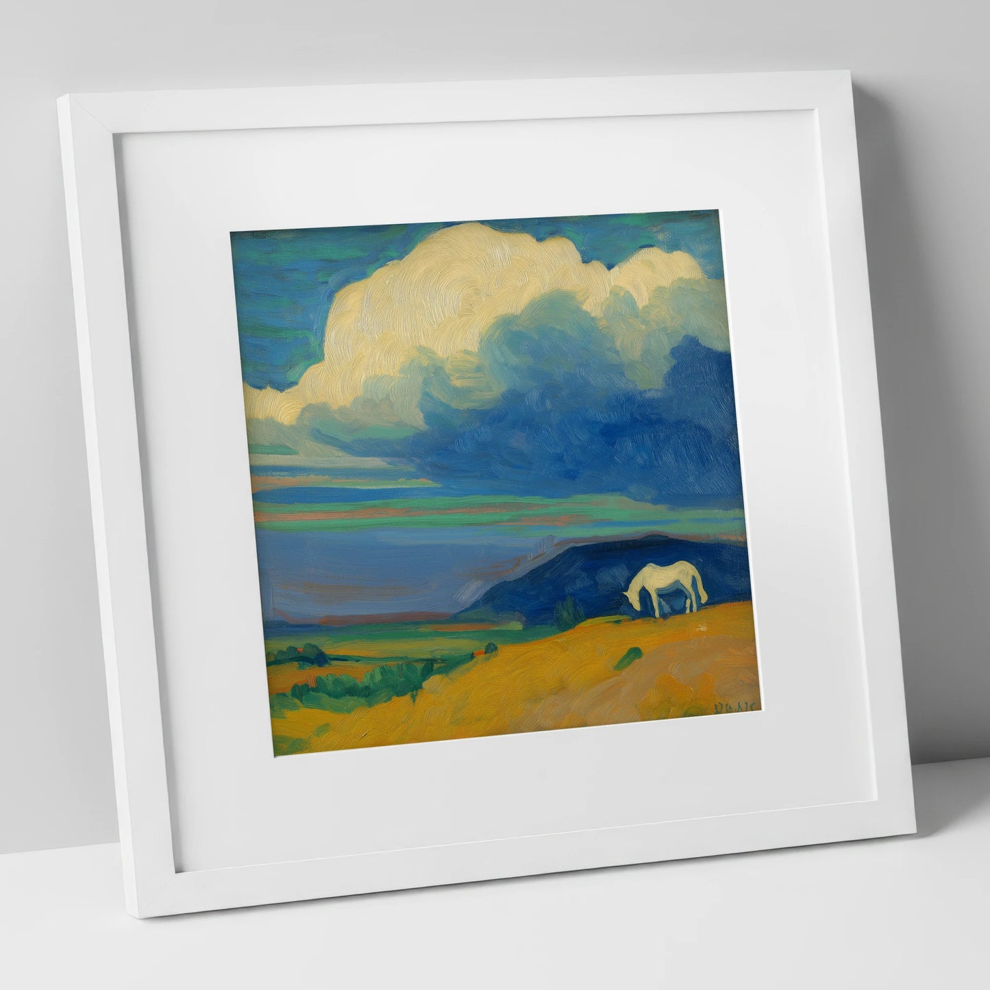 Grazing Beneath Big Skies horse landscape art print in white frame