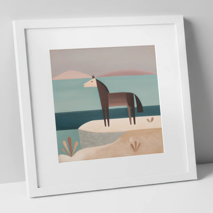 Coastal Solitude horse landscape art print in white frame