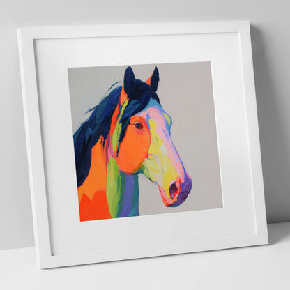 Technicolour Equine Profile horse portrait art print in white frame