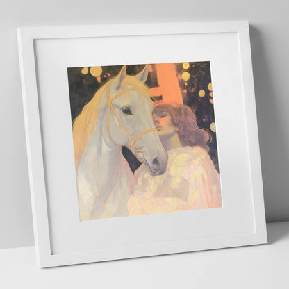 Starlit Bond horse & rider art print in white frame