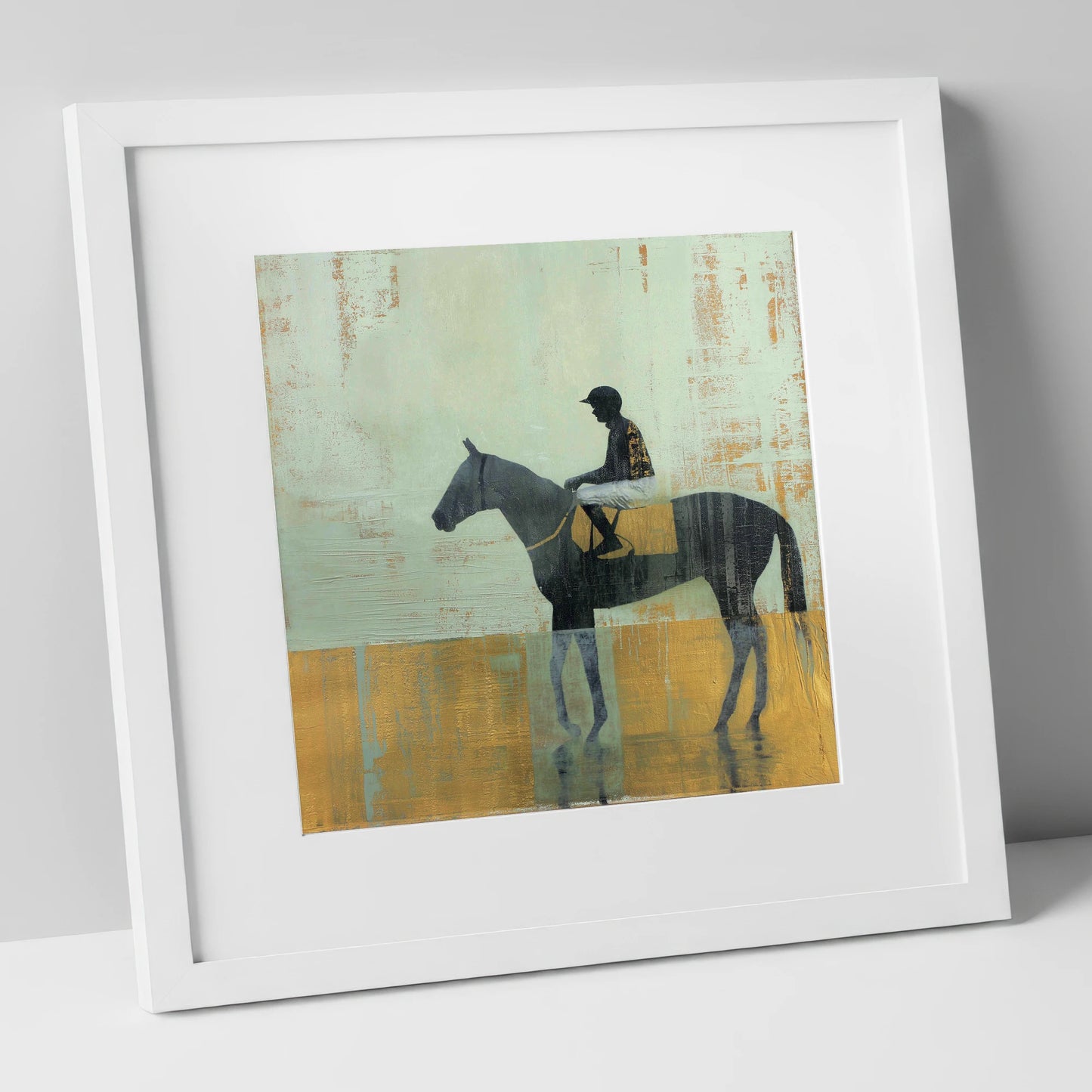 Golden Turf Reflections racing horse art print in white frame