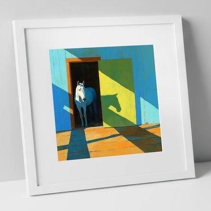 Sunlight and Silhouette horse stable art print in white frame