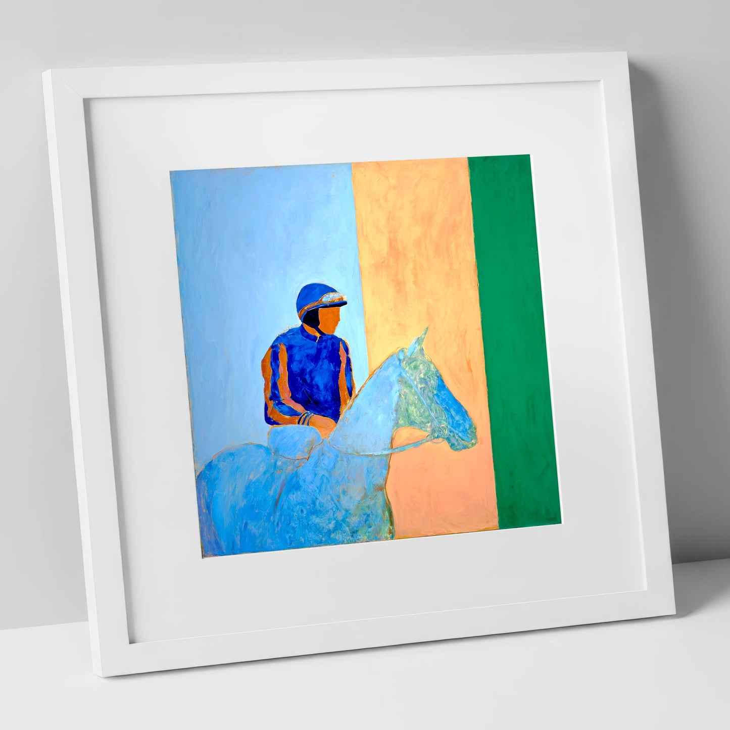 Stillness In The Saddle racing horse art print in white frame