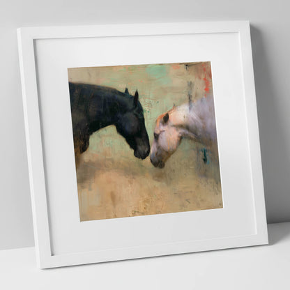 Silent Greeting horse portrait art print in white frame