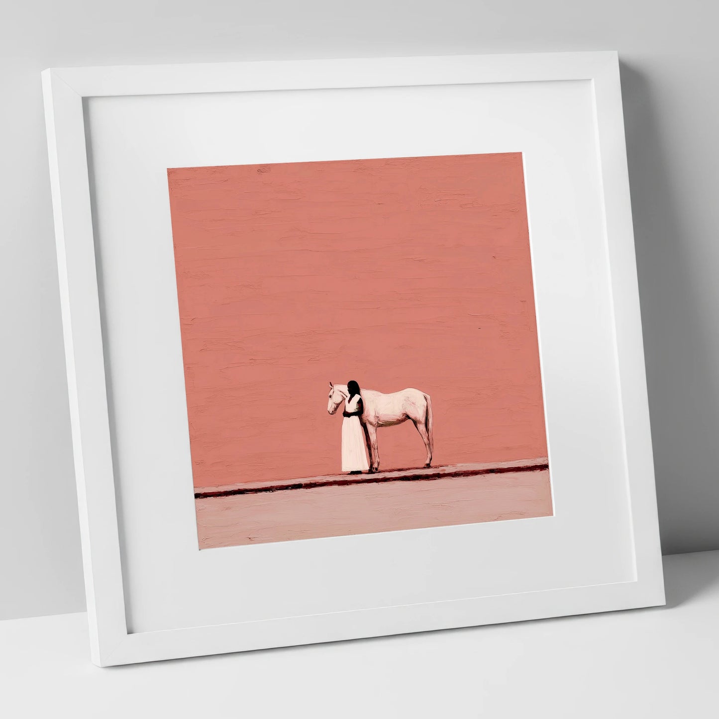 Stillness in Terracotta horse & rider art print in white frame