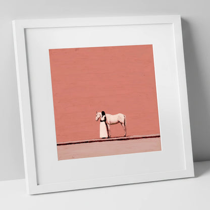 Stillness in Terracotta horse & rider art print in white frame