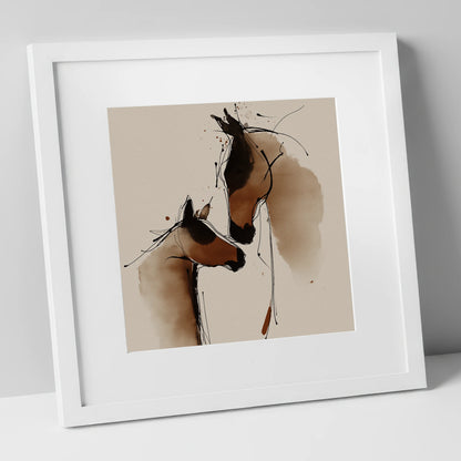 Tender Sepia Bond mare & foal art print in white frame