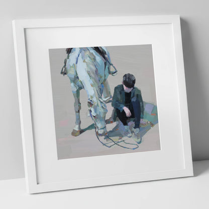 Shared Silence horse & rider art print in white frame