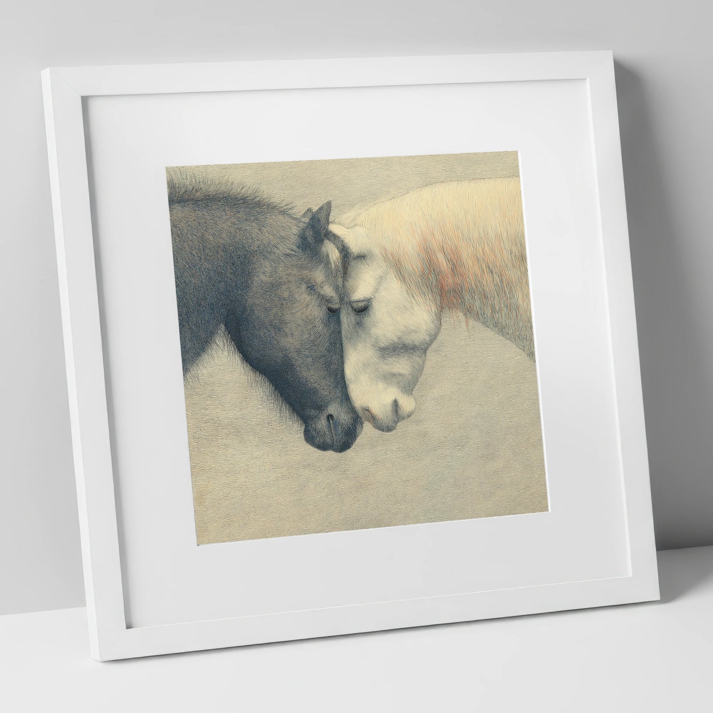 Quiet Harmony horse portrait art print in white frame