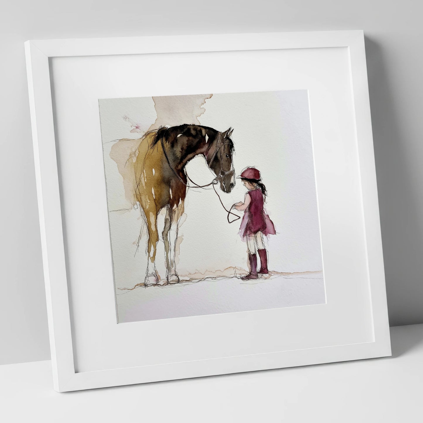 A Gentle Bond horse & rider art print in white frame