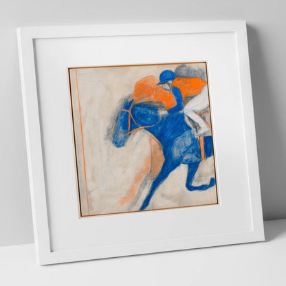 Cobalt Surge racing horse art print in white frame