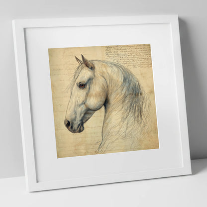 Classical Equine Study horse portrait art print in white frame