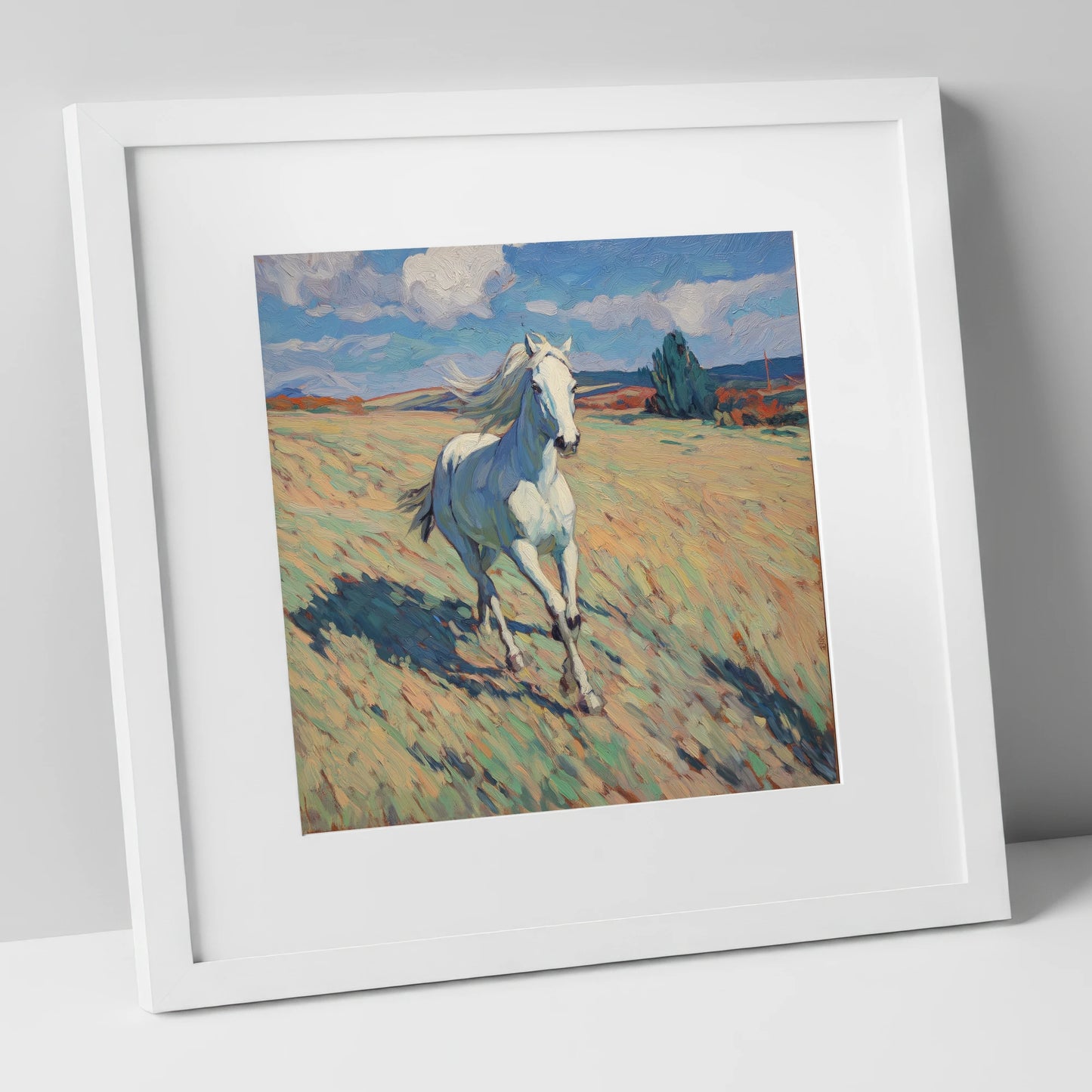 Sunlit Meadow Gallop wild horses art print in white frame