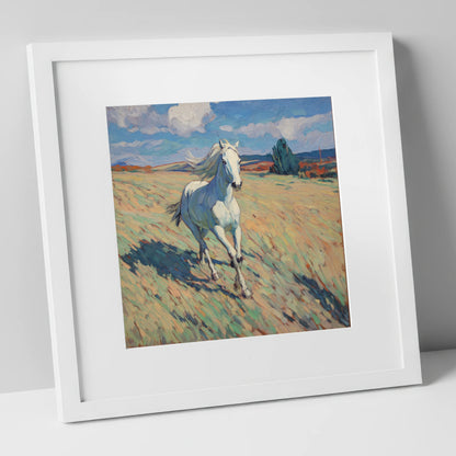 Sunlit Meadow Gallop wild horses art print in white frame