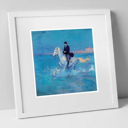 Elegance on the Shore beach horse art print in white frame