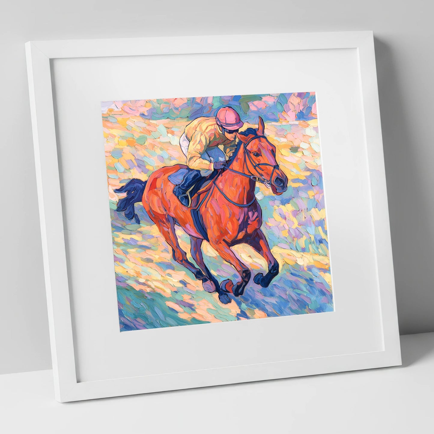 Vibrant Final Furlong racing horse art print in white frame