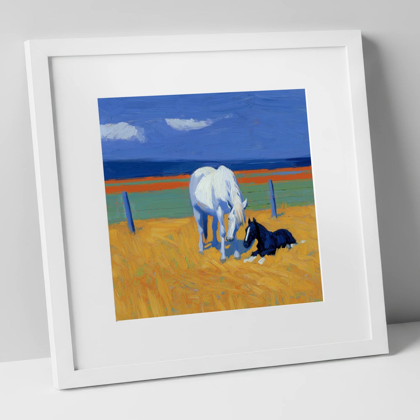 Sunlit Mare and Foal mare & foal art print in white frame