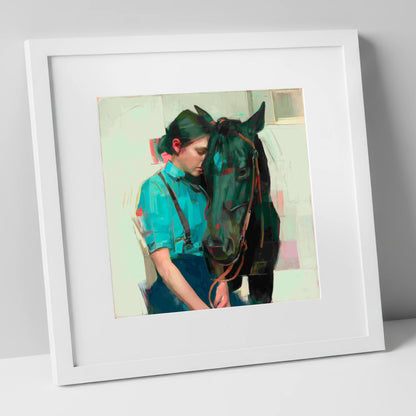 A Quiet Understanding horse & rider art print in white frame