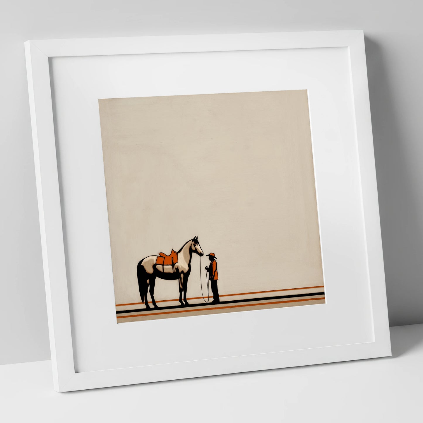 The Quiet Companion horse & rider art print in white frame