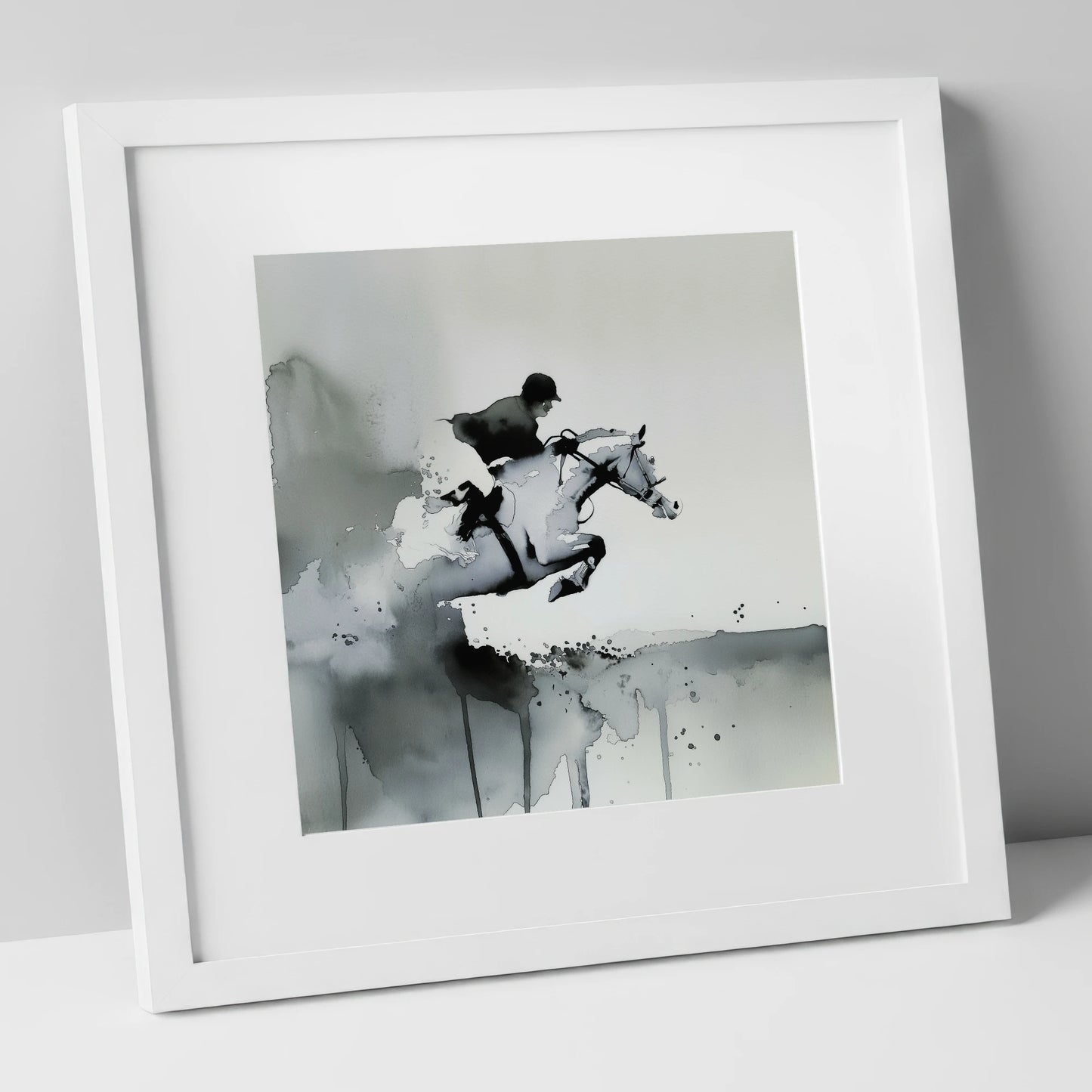 Airborne Shadows show jumping horse art print in white frame