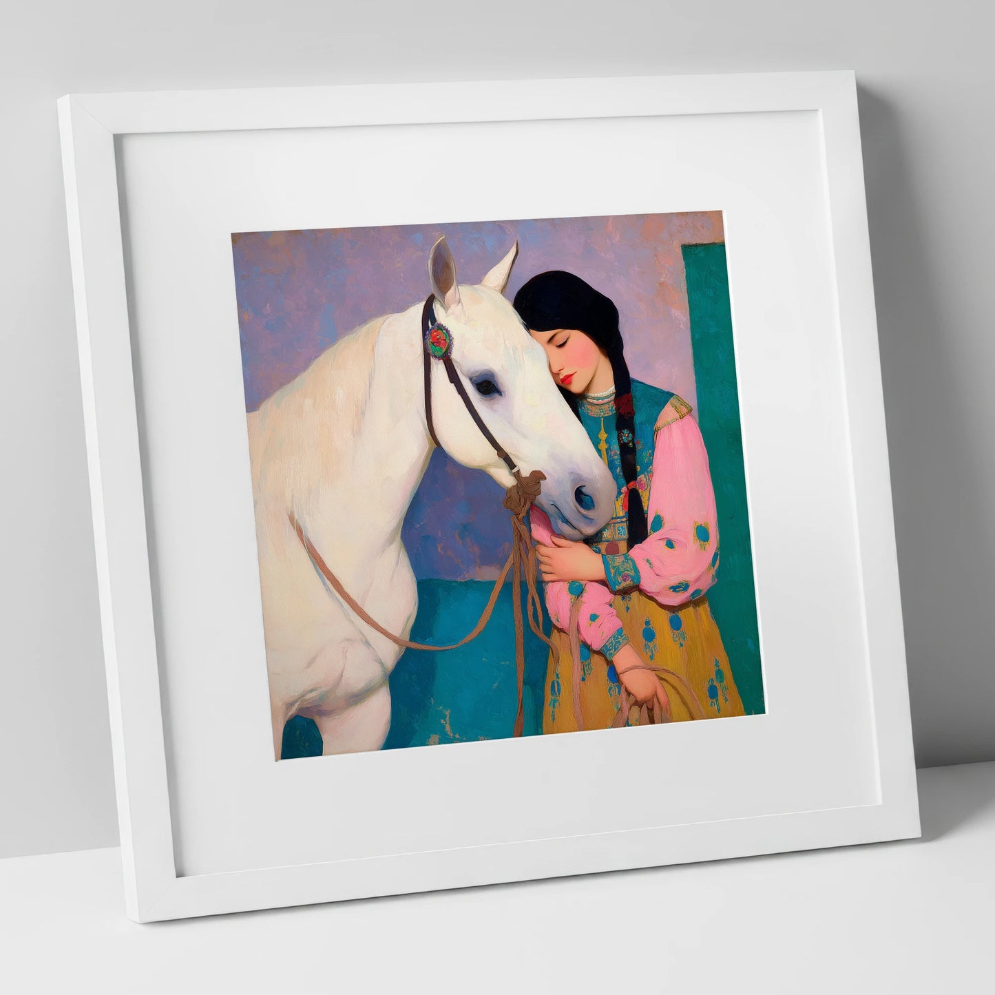 Quiet Devotion horse & rider art print in white frame