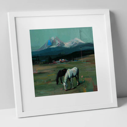 Companions Beneath the Peak horse landscape art print in white frame