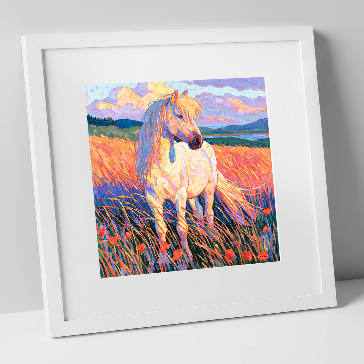 Palomino Pony In Vibrant Meadow horse breed art print in white frame