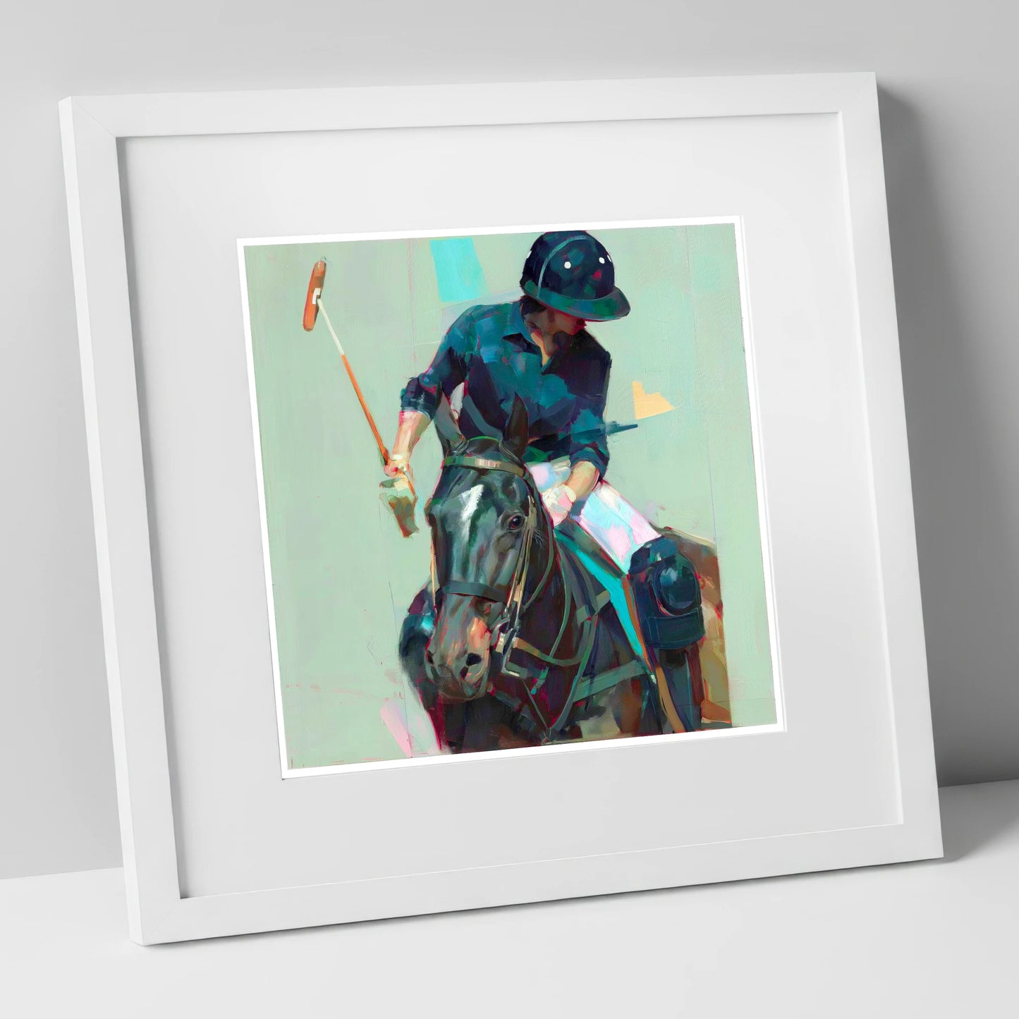 The Decisive Strike polo horse art print in white frame